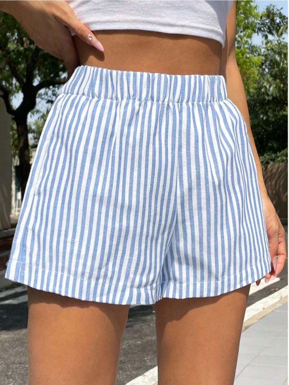 Striped Blue White Shorts Elastic Waist